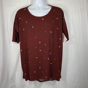 LuLaRoe Women’s XXS Irma Hi Lo Maroon Geometric Print Short Sleeve Tunic Top